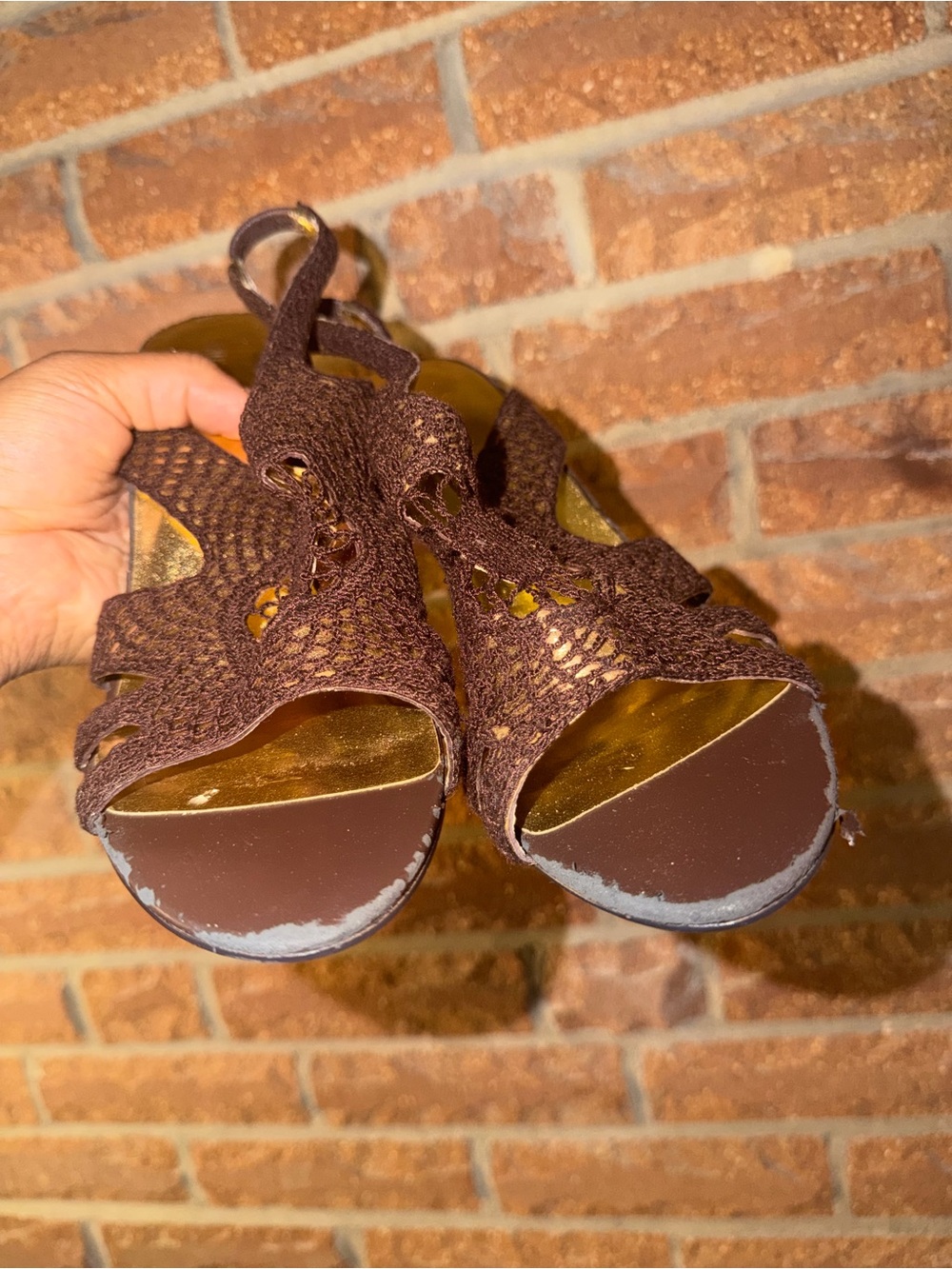 Ann Marino Brown Crochet Slingback Heels with Gold Lining - Picture 3 of 5